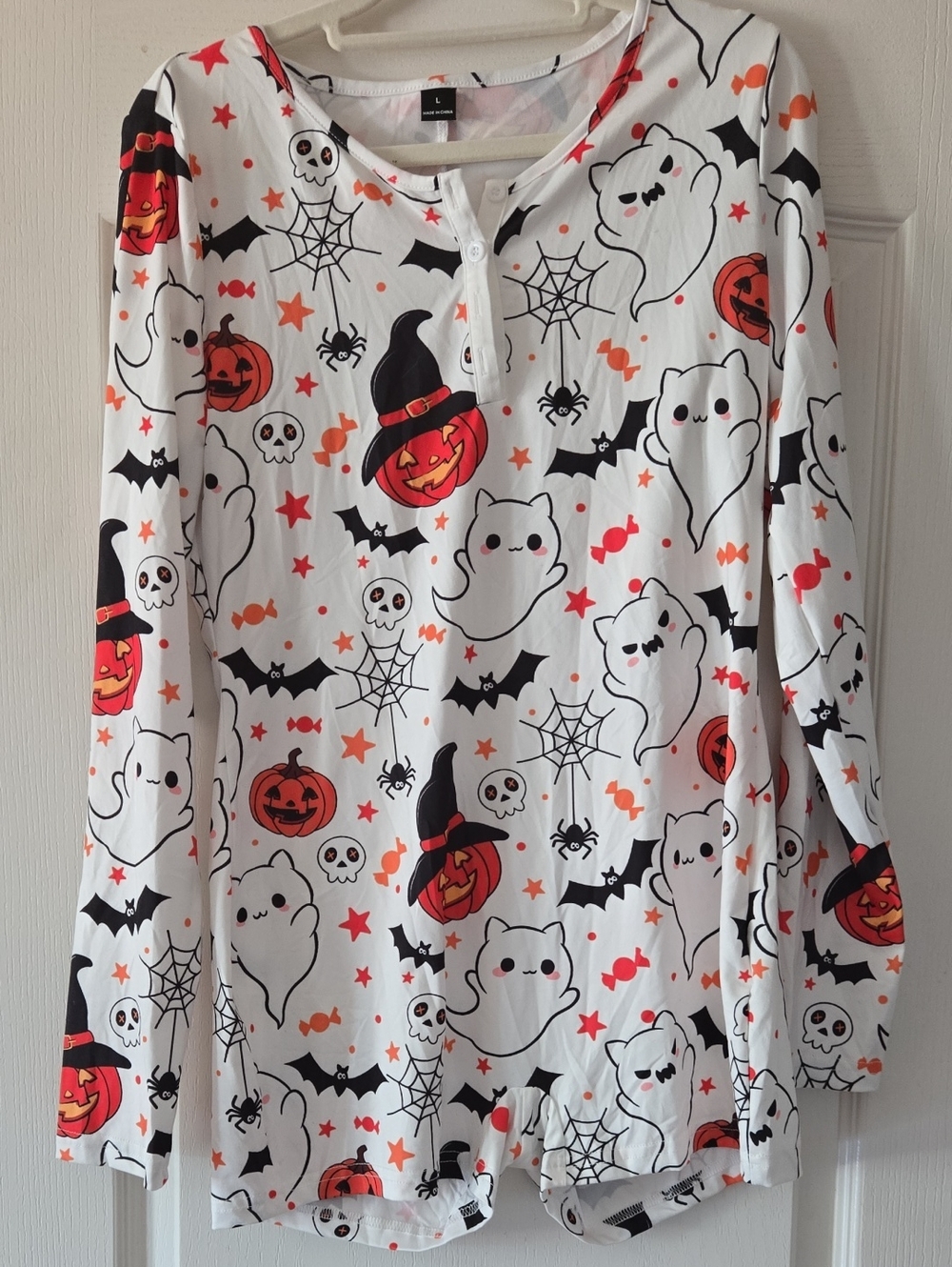Halloween Print Long-Sleeve Women’s Romper- White & Orange